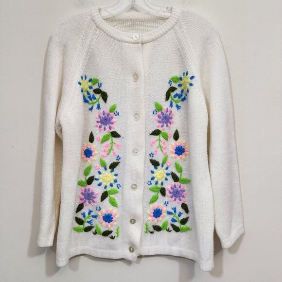 Vintage Sweaters - Vintage button front neon floral embroidered knit cardigan woman's size‎ large